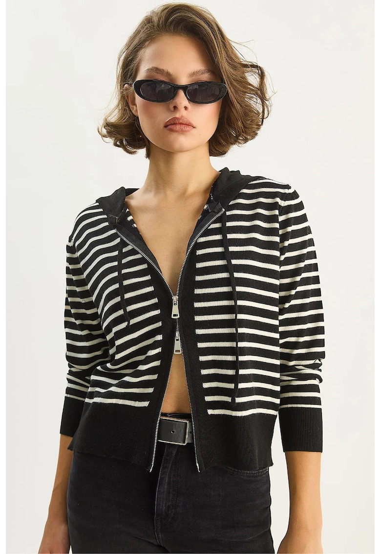 Cardigan dama - cu gluga - dungi - acril - alb/negru - One Size