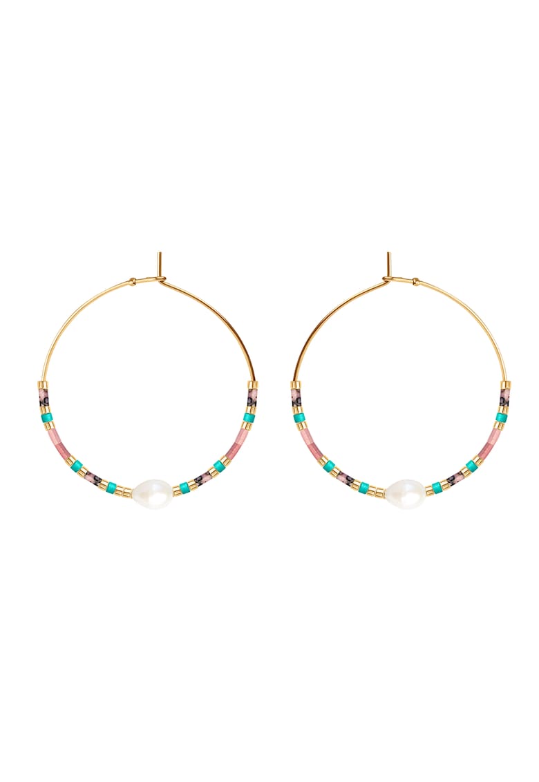 Cercei rotunzi placati cu aur de 18k - decorati cu margele Miyuki - pietre semipretioase si perle de cultura