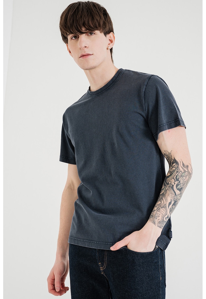 Tricou uni cu decolteu la baza gatului - Albastru inchis melange