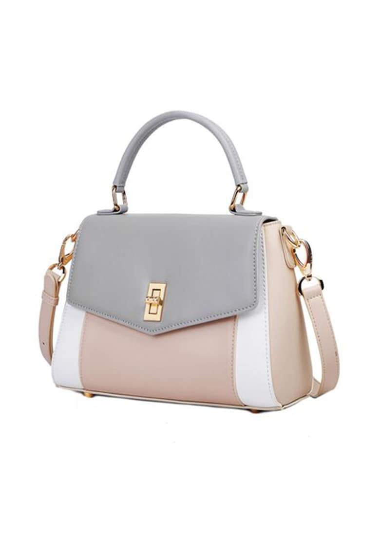 Geanta din piele cu clapa - maner si bareta aditionala - Alb optic/Roz prafuit