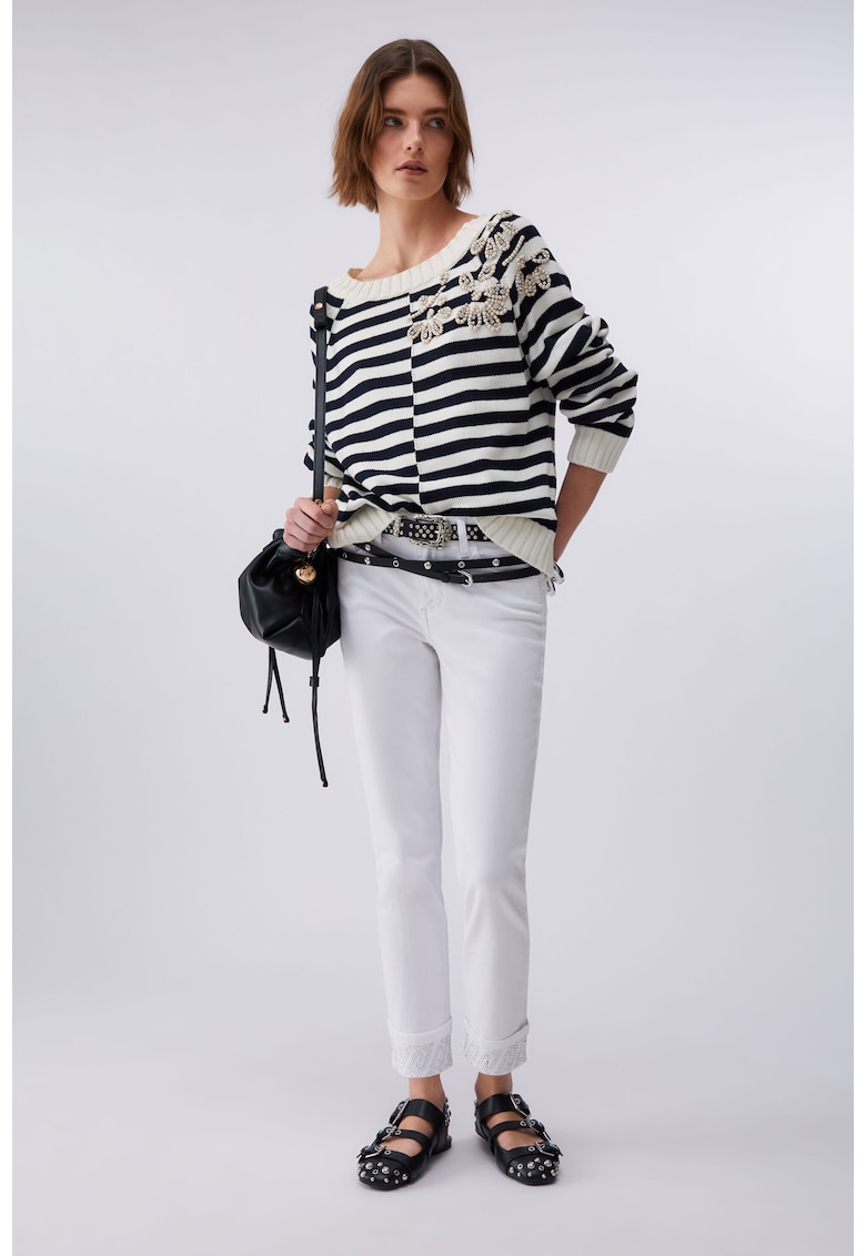 Blugi crop skinny cu strasuri - Alb