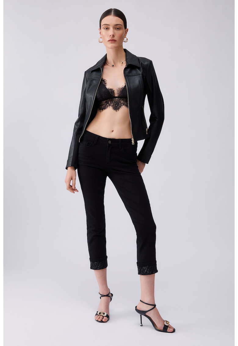 Blugi crop skinny cu strasuri - Negru