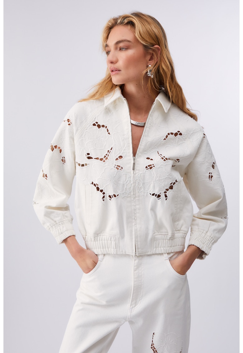 Jacheta bomber cu broderie Sangallo - Alb