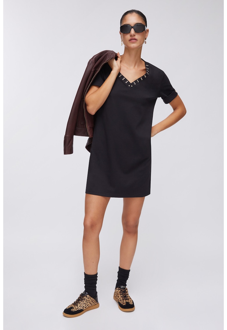Rochie-tricou cu decolteu in V decorat - Negru