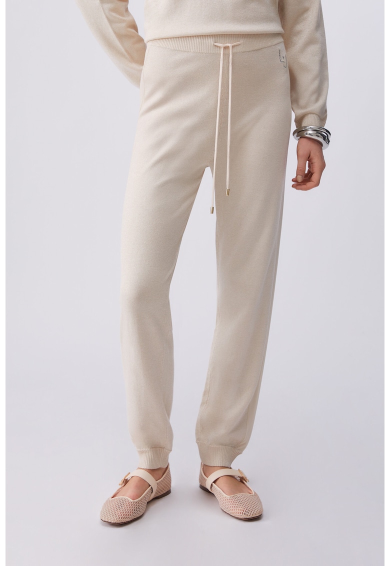 Pantaloni tricotati cu snur de ajustare - Crem