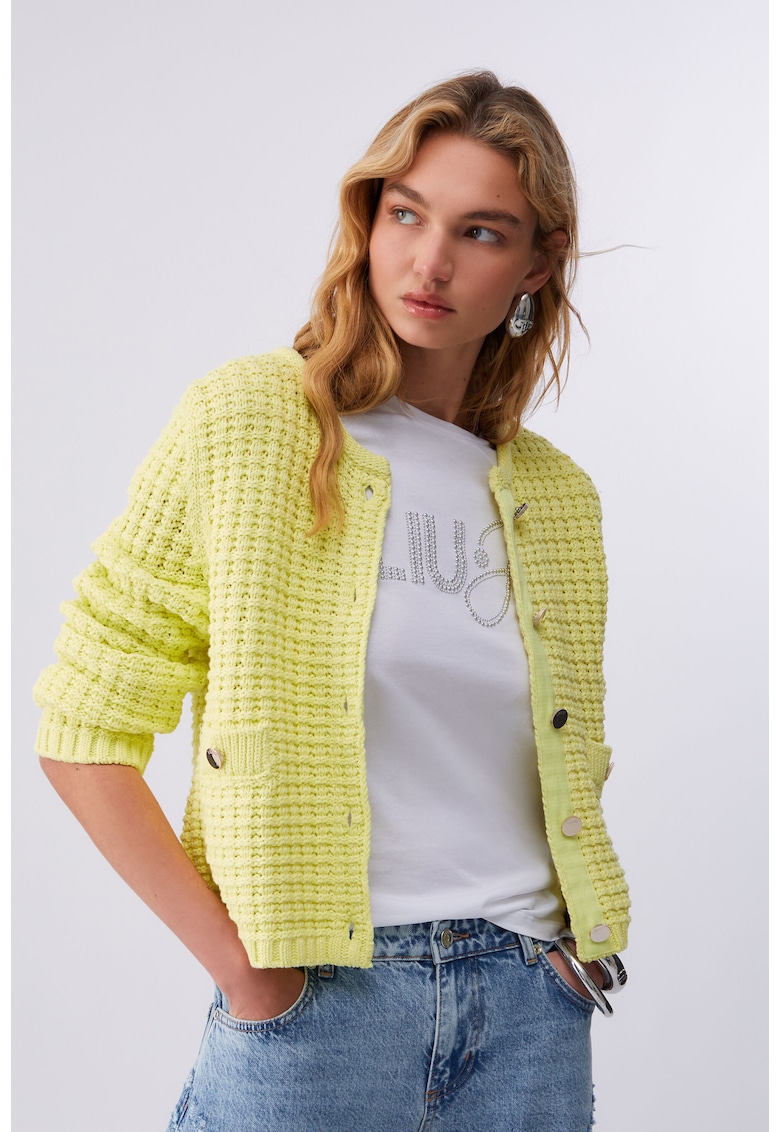 Cardigan tricotat cu buzunare aplicate - Galben