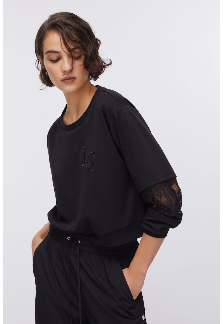 Bluza crop de trening cu insertii de dantela - Negru