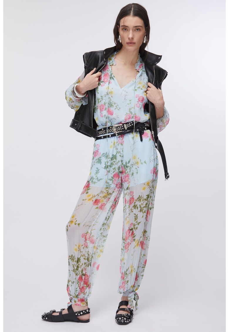 Pantaloni cu talie inalta si model floral - Albastru deschis