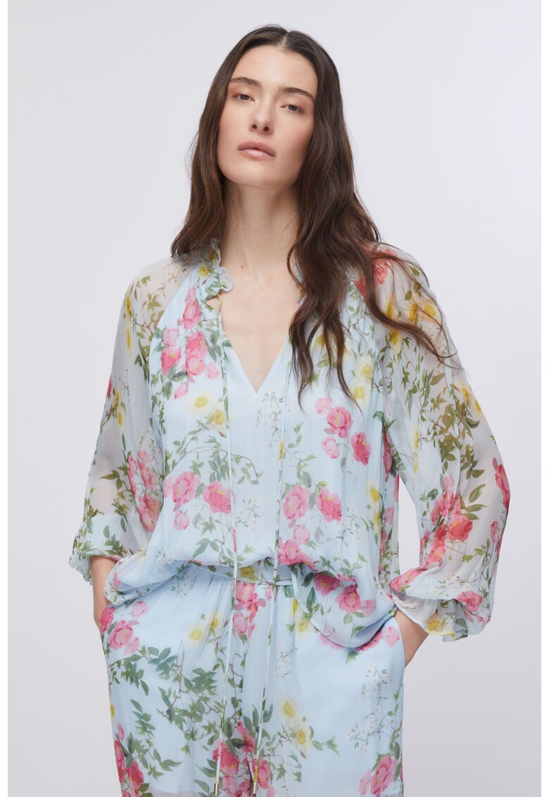 Bluza cu decolteu in V si model floral - Albastru deschis