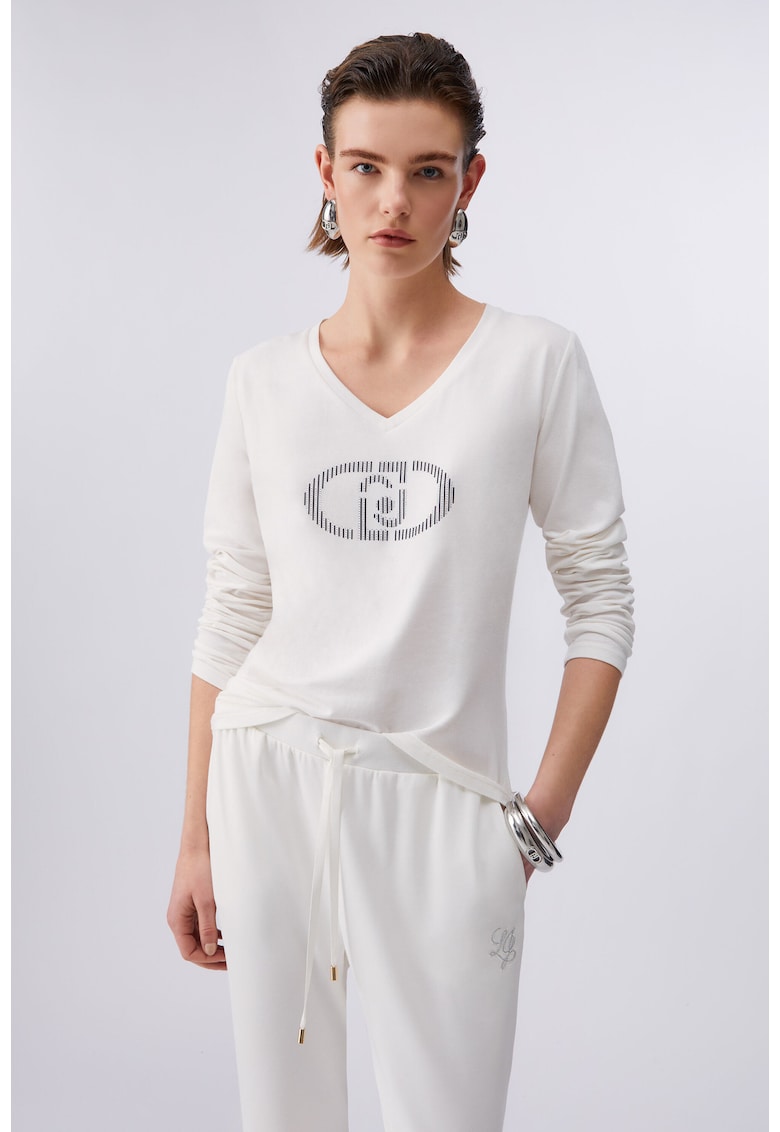 Bluza cu maneci lungi si decolteu in V - Alb