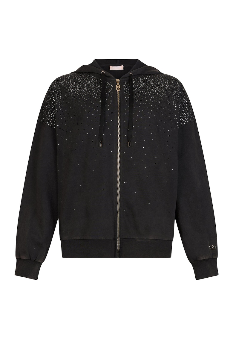 Hanorac cu aplicatie din strasuri si fermoar - Negru