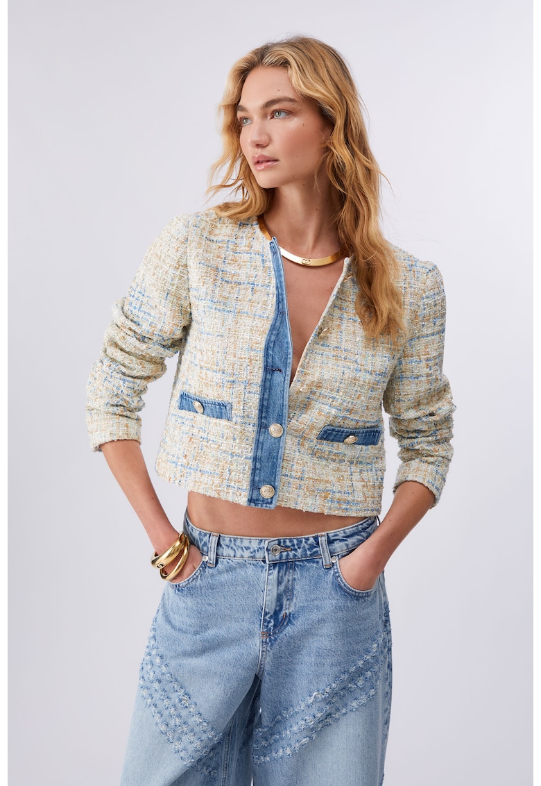 Jacheta crop cu detalii din denim - Albastru lavanda/Albastru
