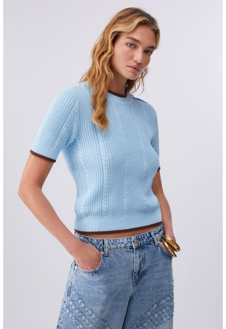 Pulover cu model torsade si maneci scurte - Albastru deschis