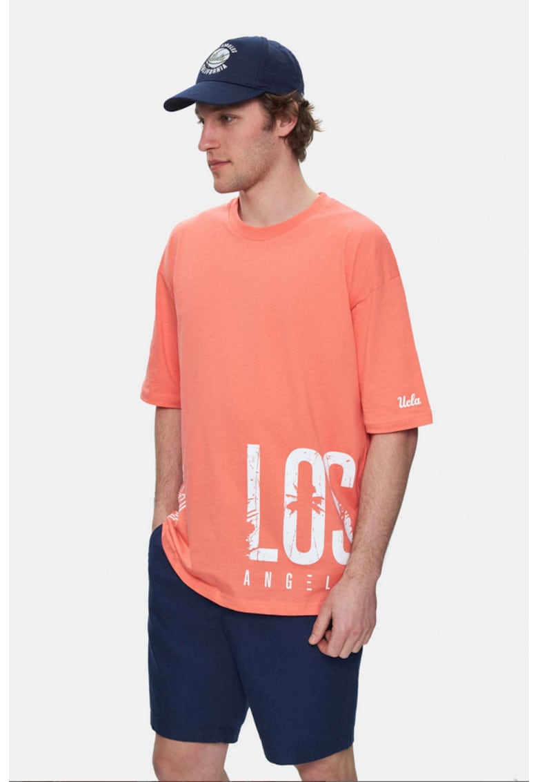 Tricou regular fit - decolteu la baza gatului - imprimeu cu logo - Roz - IGNISO - Roz