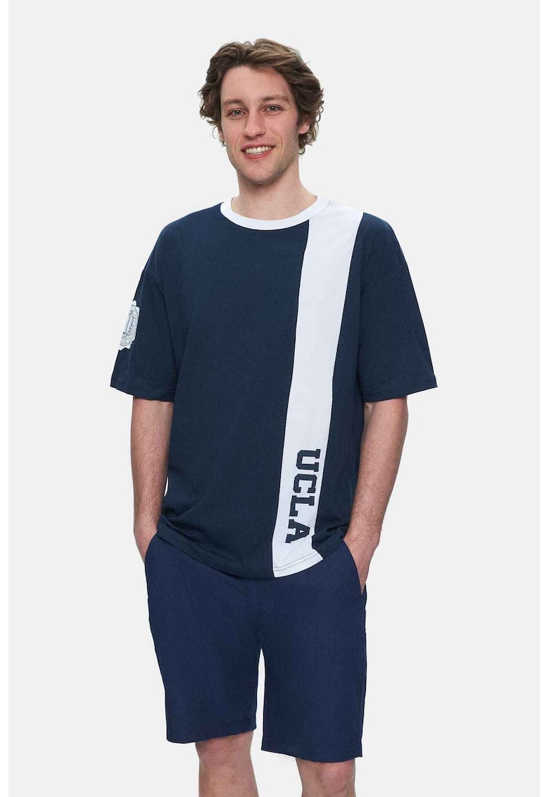 Tricou regular fit - decolteu la baza gatului - imprimeu cu logo - Bleumarin - KEITH - Bleumarin