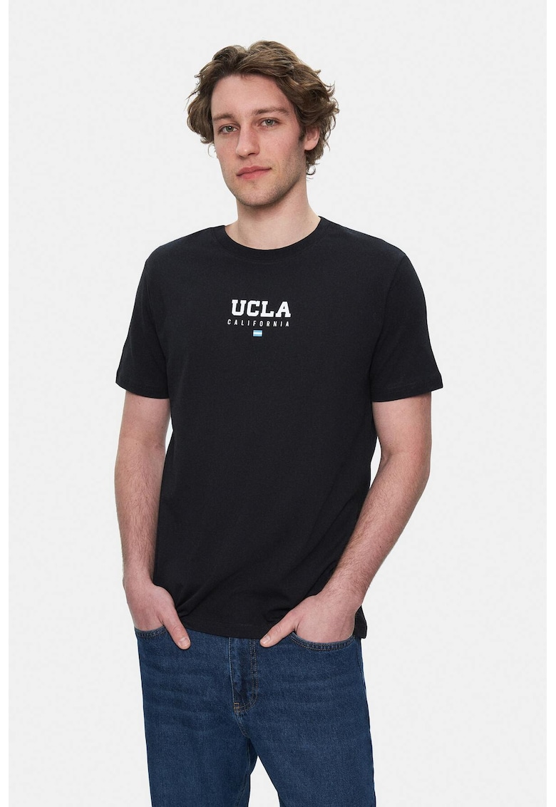 Tricou regular fit - decolteu la baza gatului - imprimeu cu logo - Negru - SHERMAN - Negru
