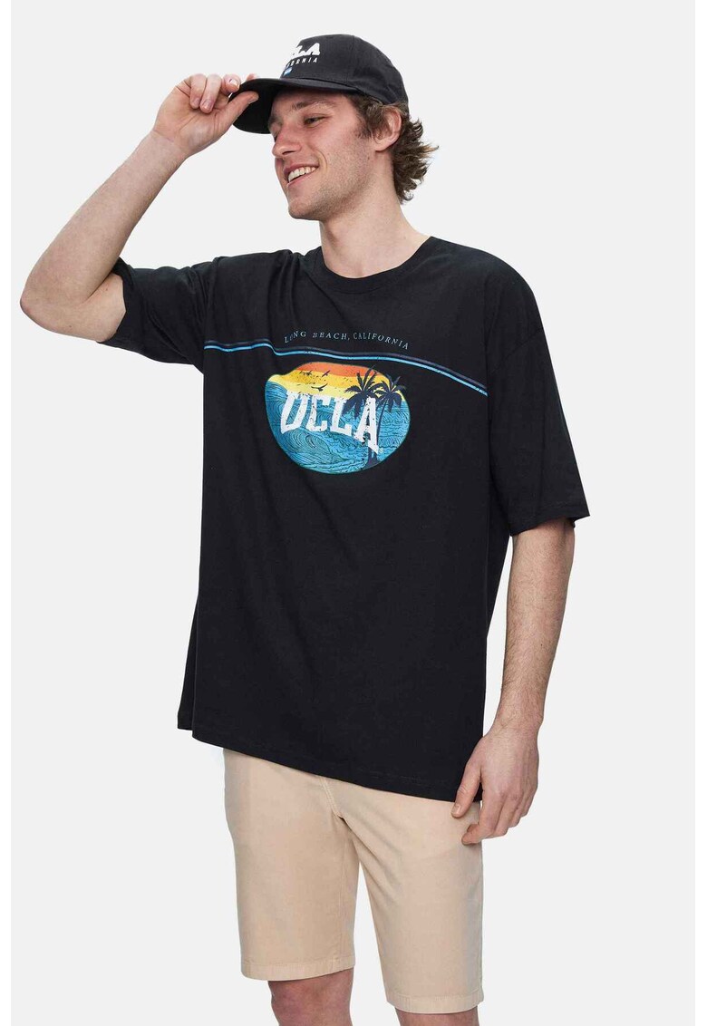 Tricou regular fit - decolteu la baza gatului - imprimeu cu logo - Negru - AIRE - Negru