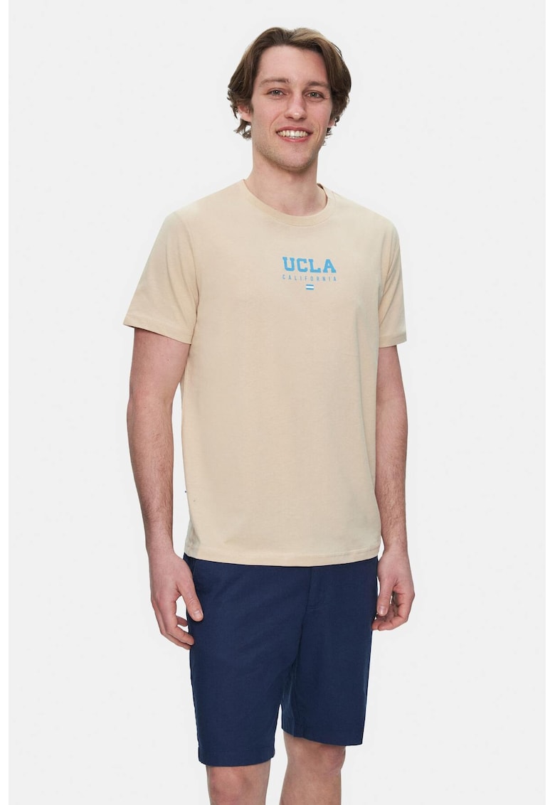 Tricou regular fit - decolteu la baza gatului - imprimeu cu logo - Bej - SHERMAN - Bej