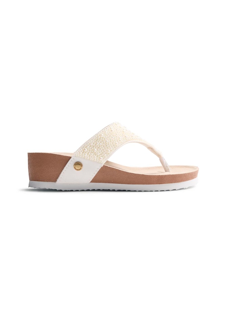 Papuci flip-flop cu margele si toc wedge Orrington - Alb murdar