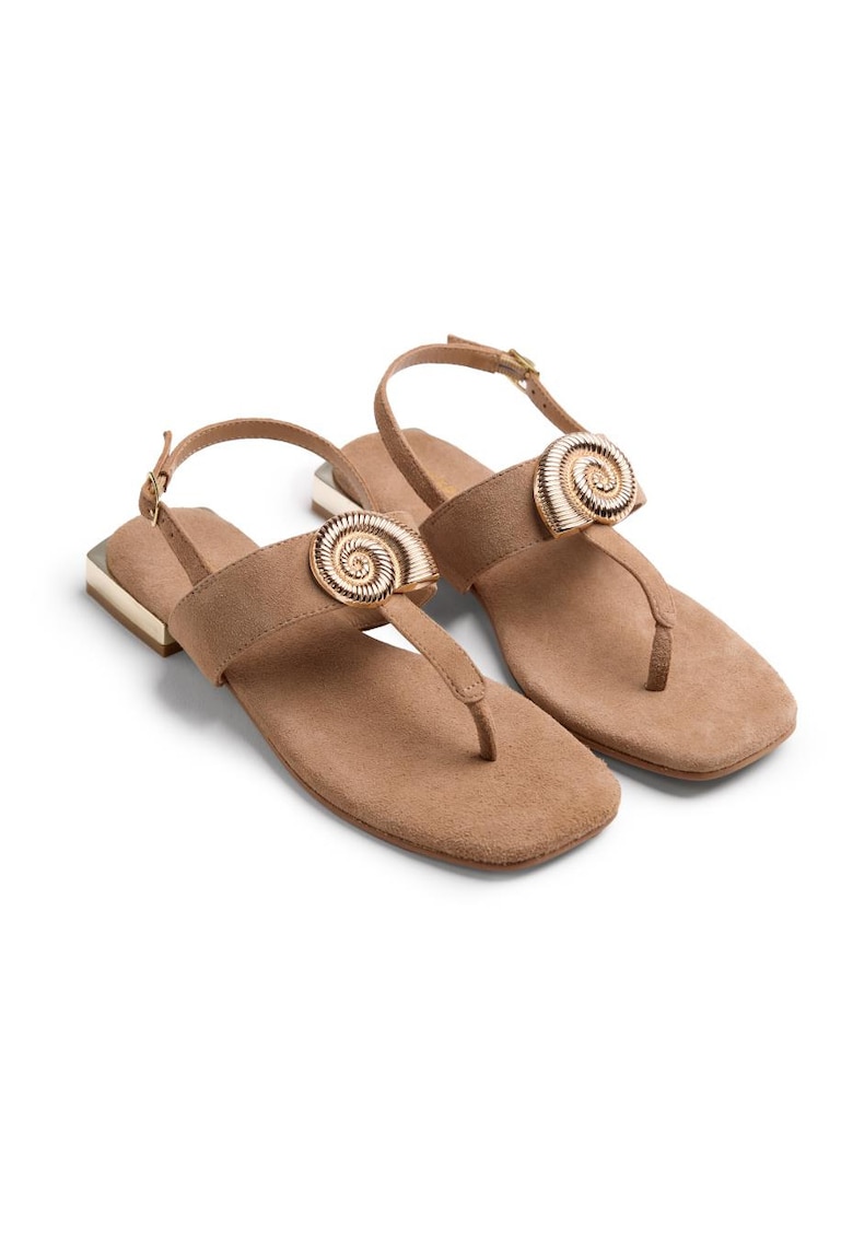 Sandale de piele piele intoarsa cu bareta separatoare si aplicatie metalica Harrington - Maro camel
