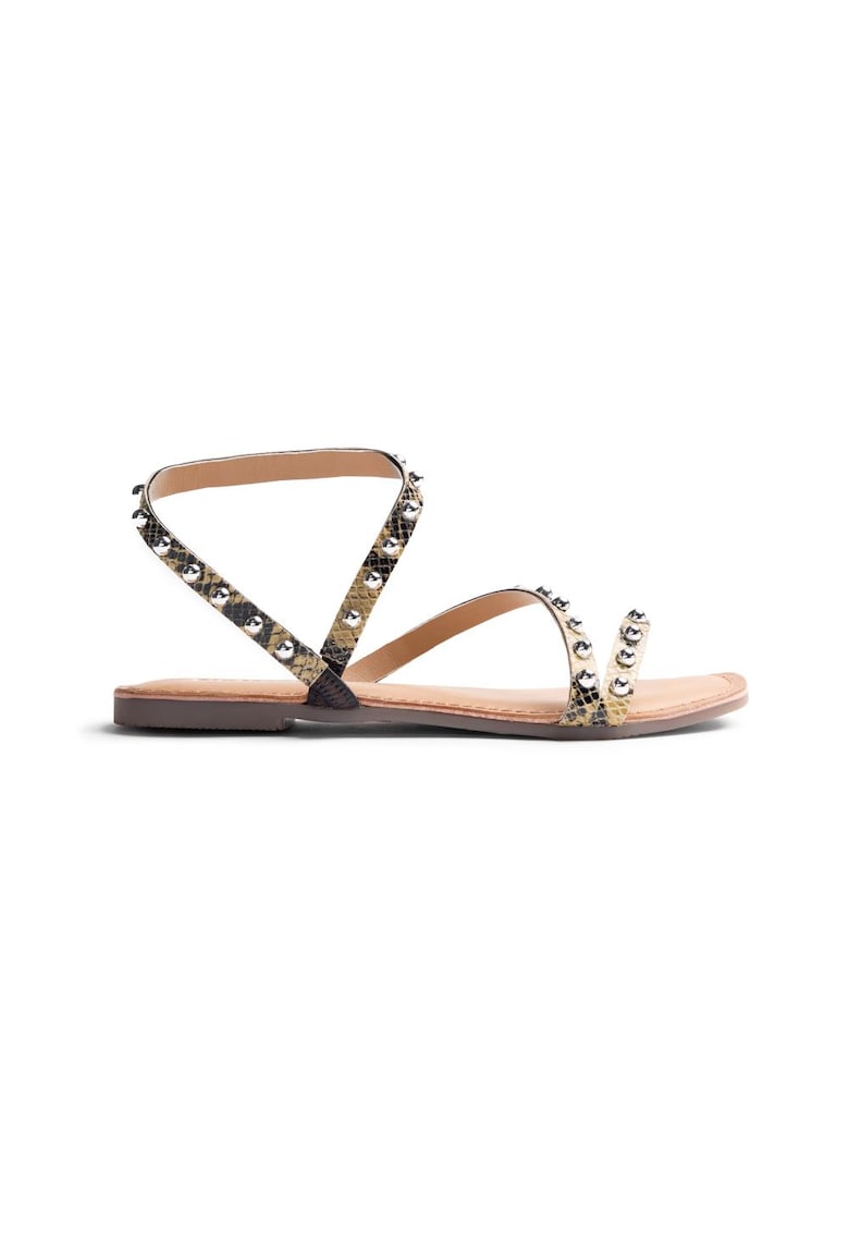 Sandale de piele cu animal print si varf patrat - Galben deschis