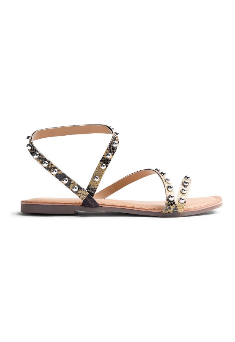 Sandale de piele cu animal print si varf patrat - Galben deschis