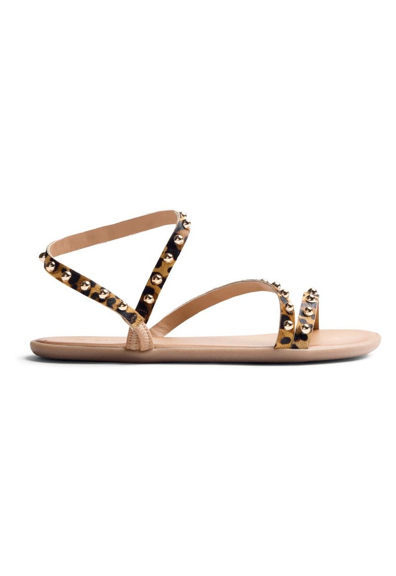 Sandale de piele cu barete multiple si animal print - Negru/Maro