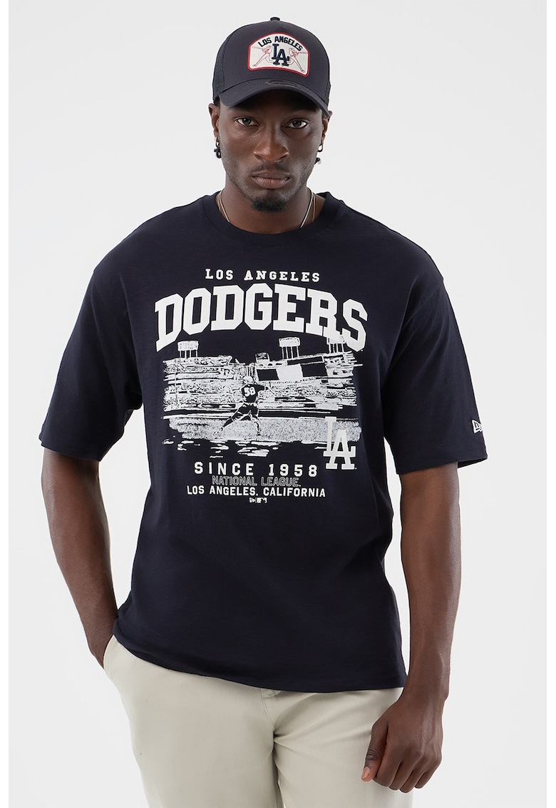 Tricou cu decolteu la baza gatului si design grafic Slub Stadium - Bleumarin