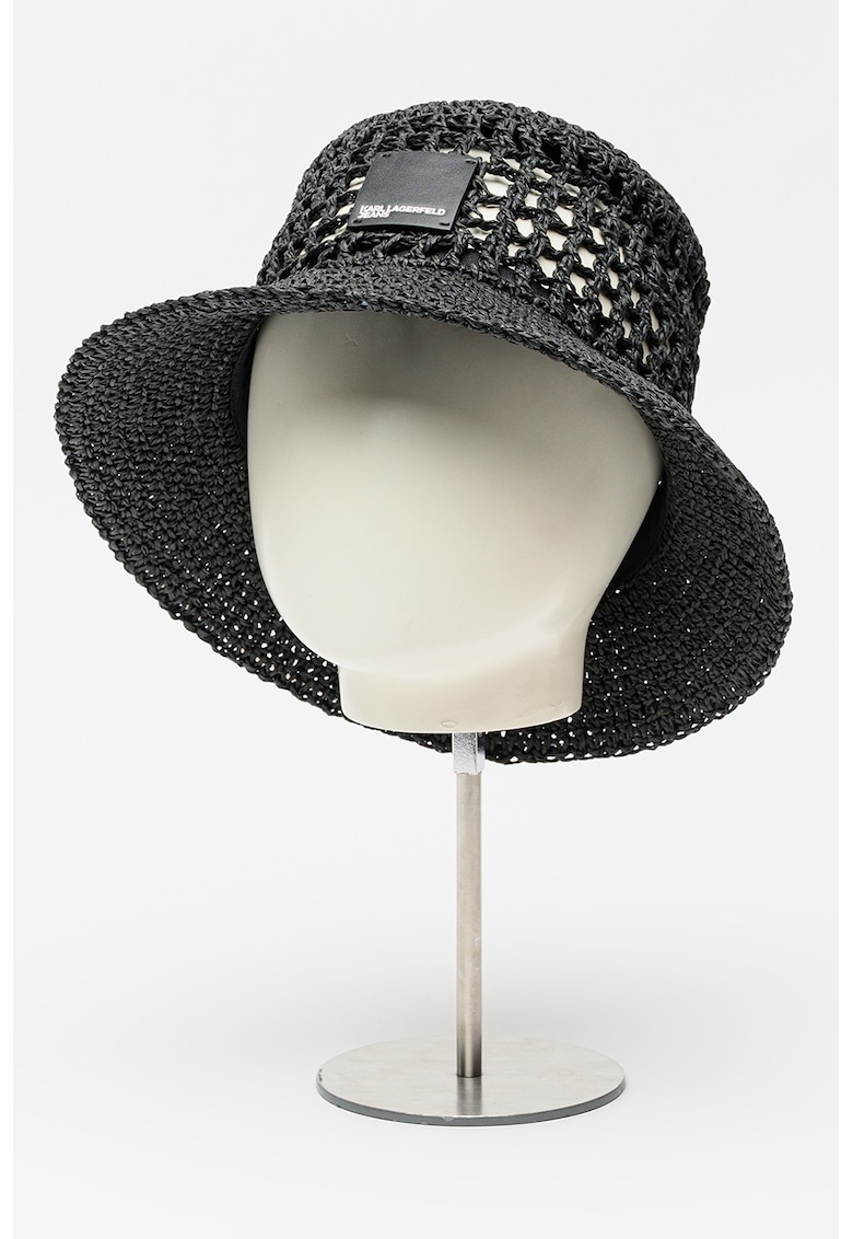 Palarie bucket din rafie cu aplicatie logo - Negru