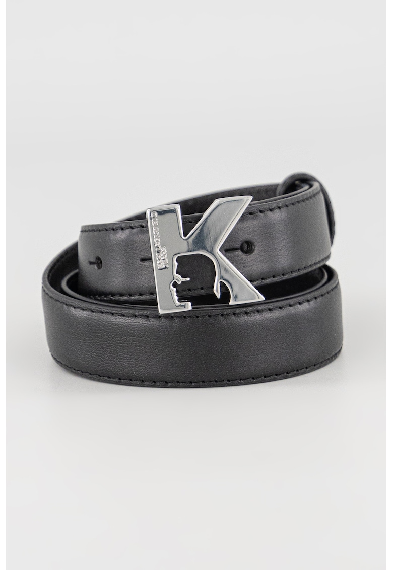 Curea din piele cu catarama cu nit si model monograma - Negru