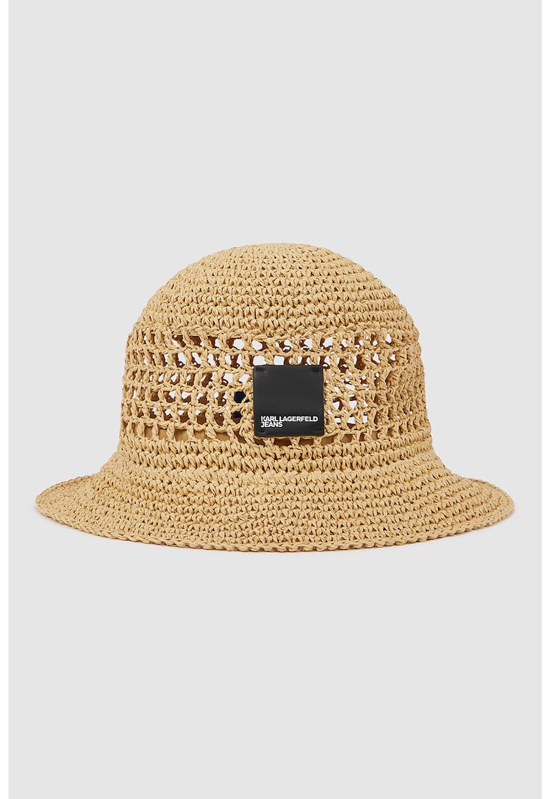 Palarie bucket din rafie cu aplicatie logo - Maro nisip