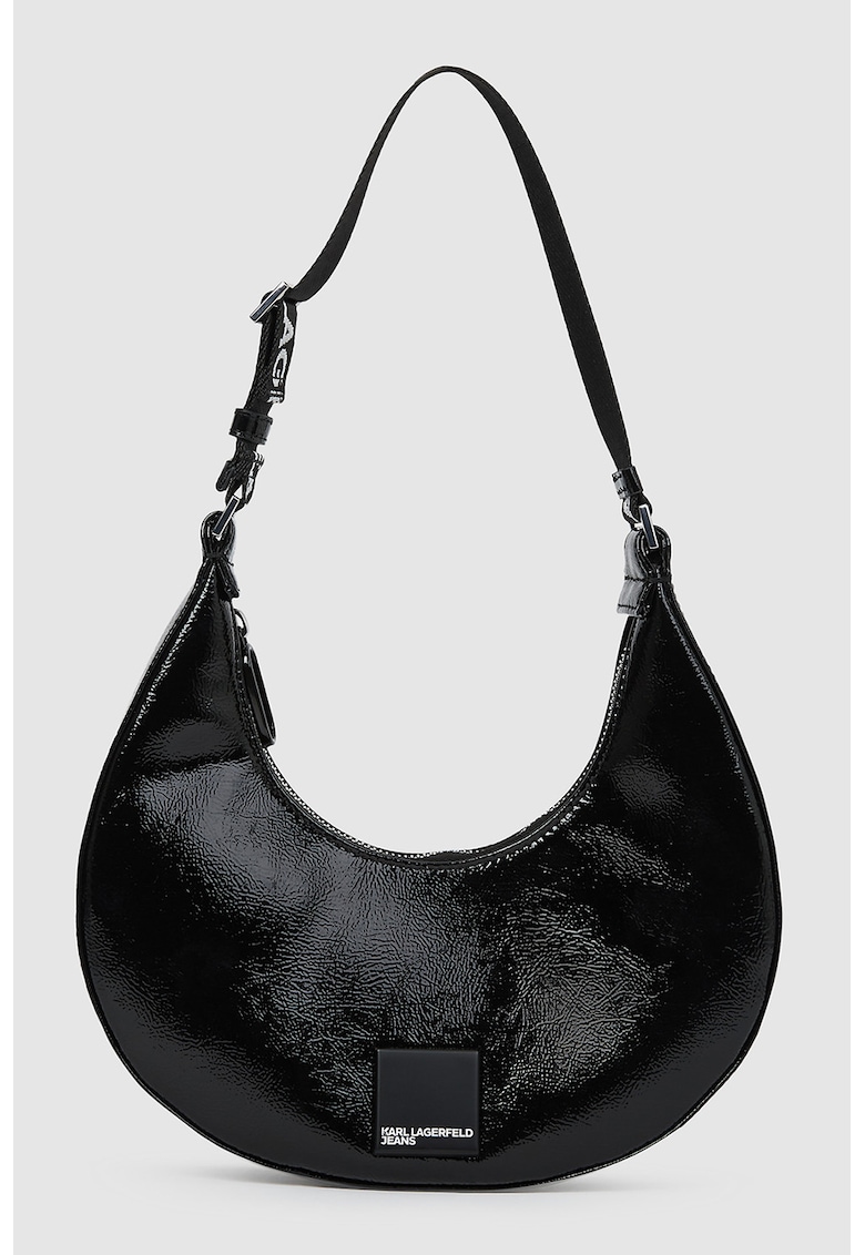 Geanta in forma de semiluna cu barete de umar cu logo - Negru