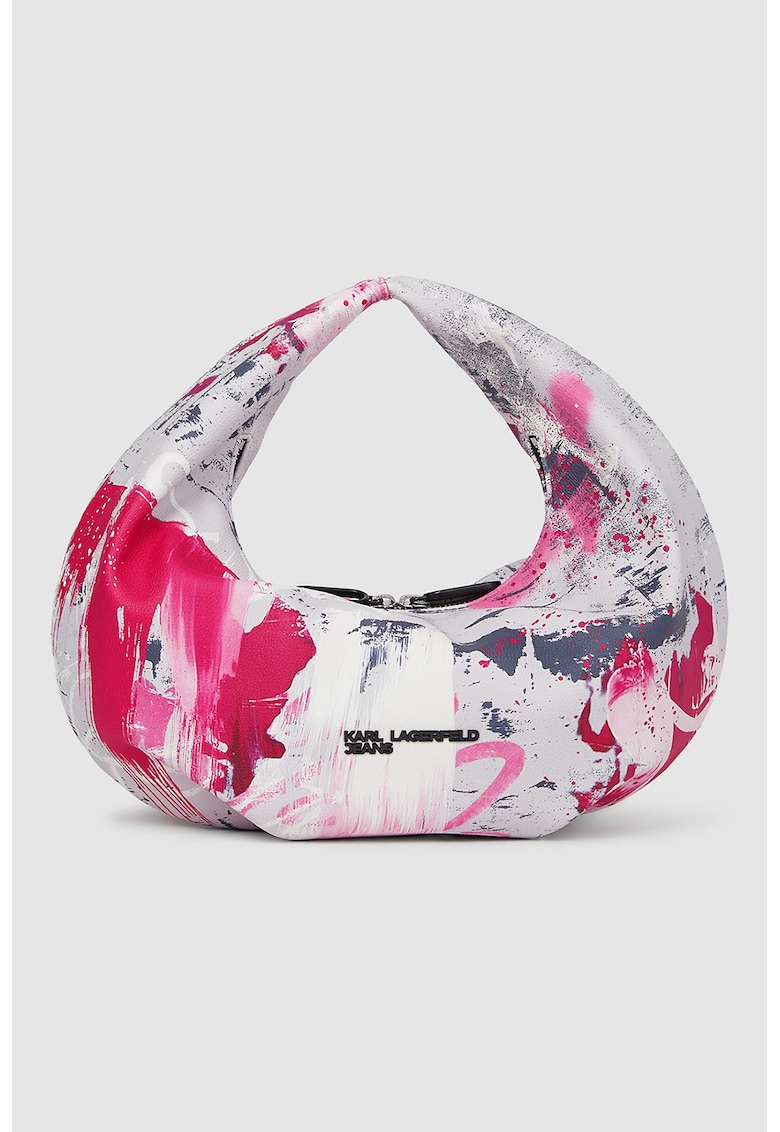 Geanta in forma de semiluna din piele ecologica cu bareta de umar - Fucsia/Alb murdar