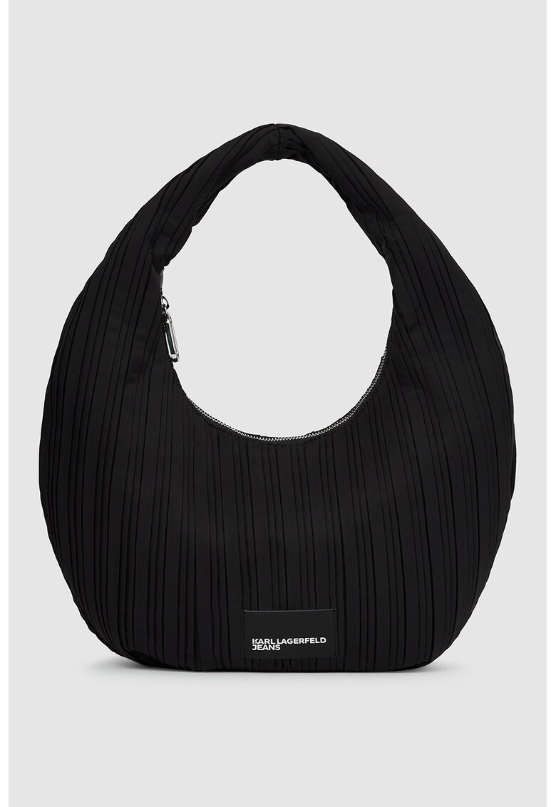 Geanta in forma de semiluna cu striatii si bareta de umar - Negru
