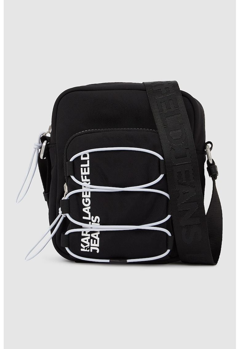 Geanta crossbody cu fermoar si logo - Negru