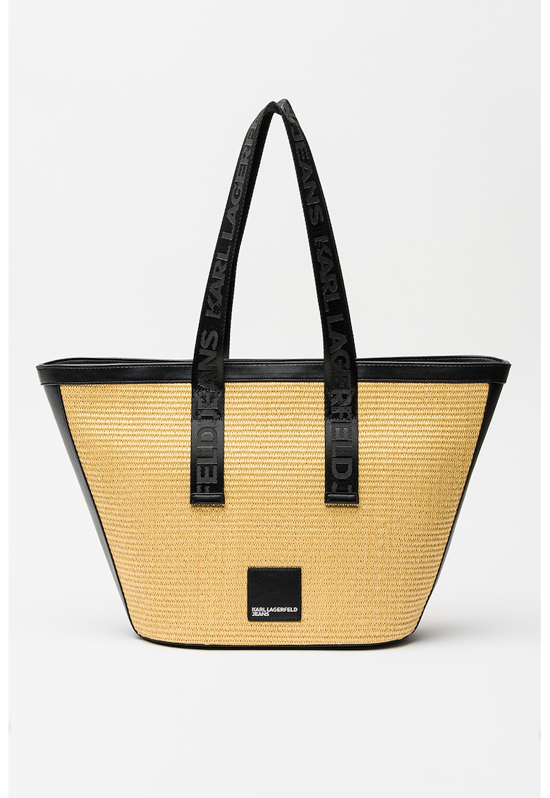 Geanta shopper din rafie cu logo Box - Negru/Bej