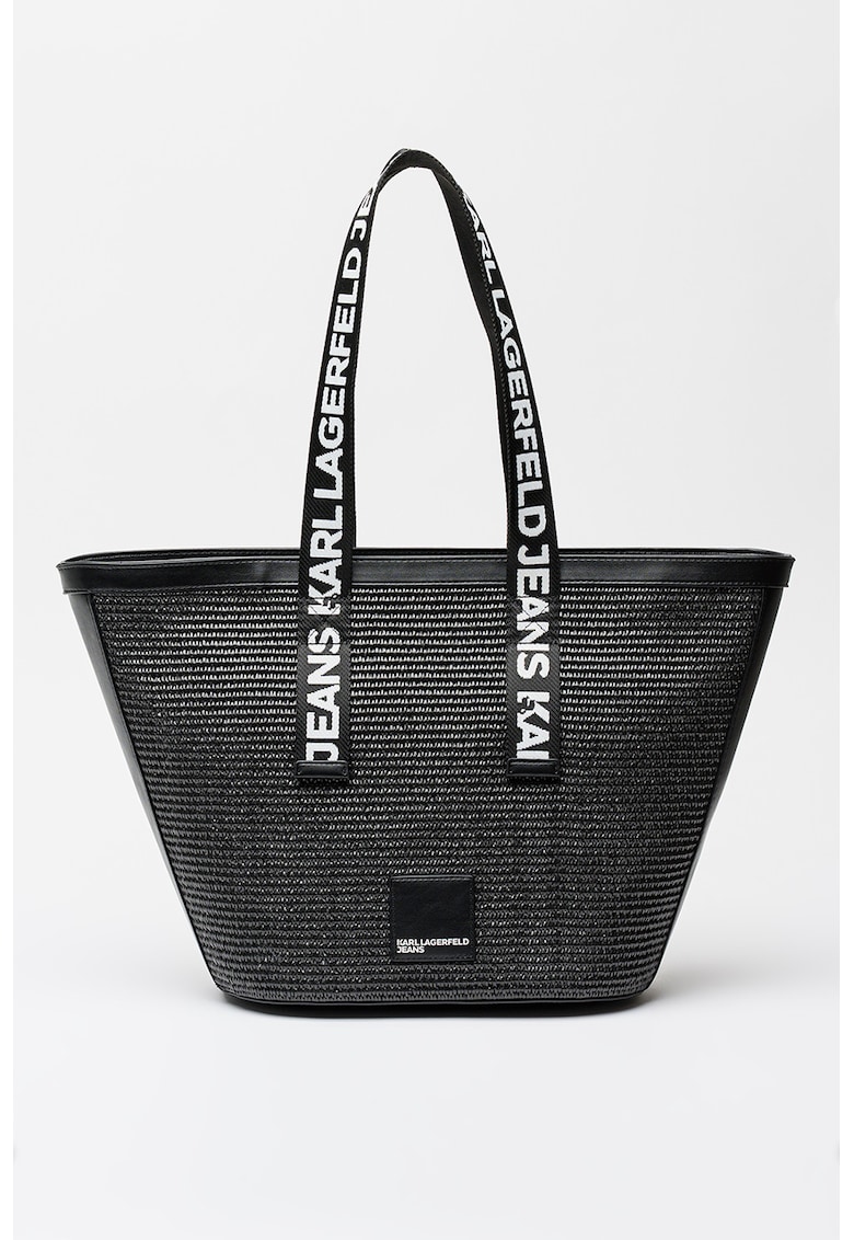 Geanta shopper din rafie cu logo Box - Negru
