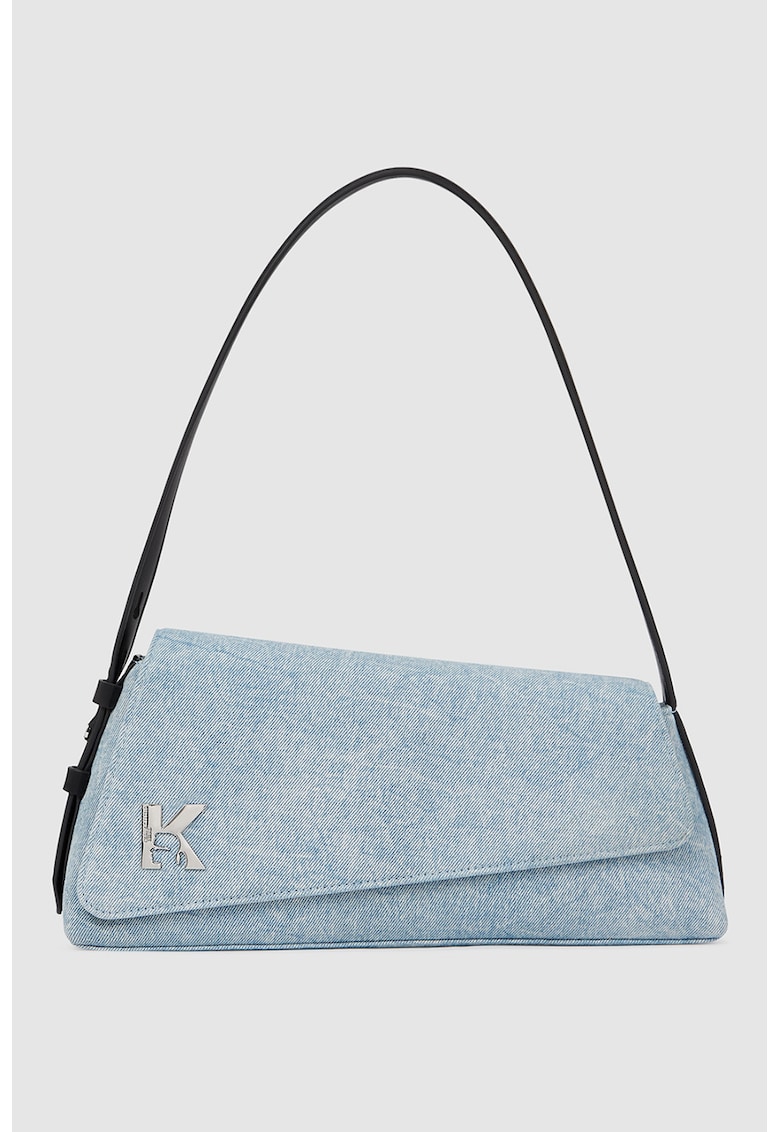 Geanta de denim cu clapa si bareta de umar - Negru/Albastru pal