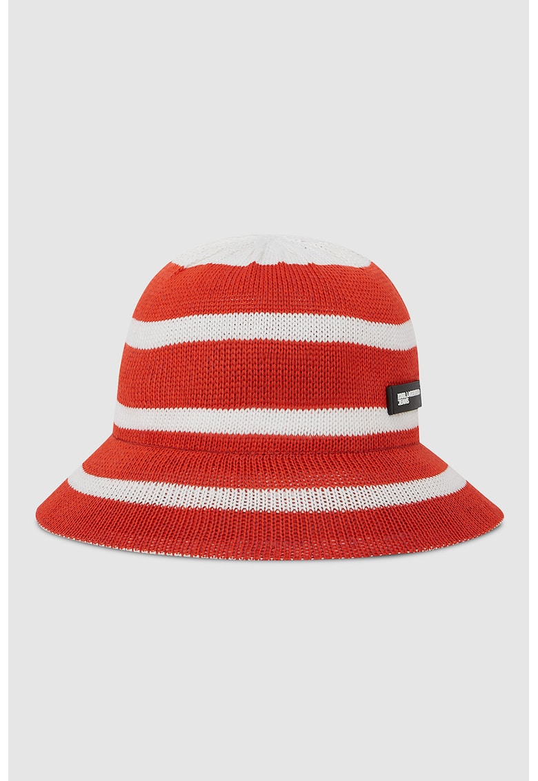 Palarie bucket din tricot cu dungi - Alb/Coral