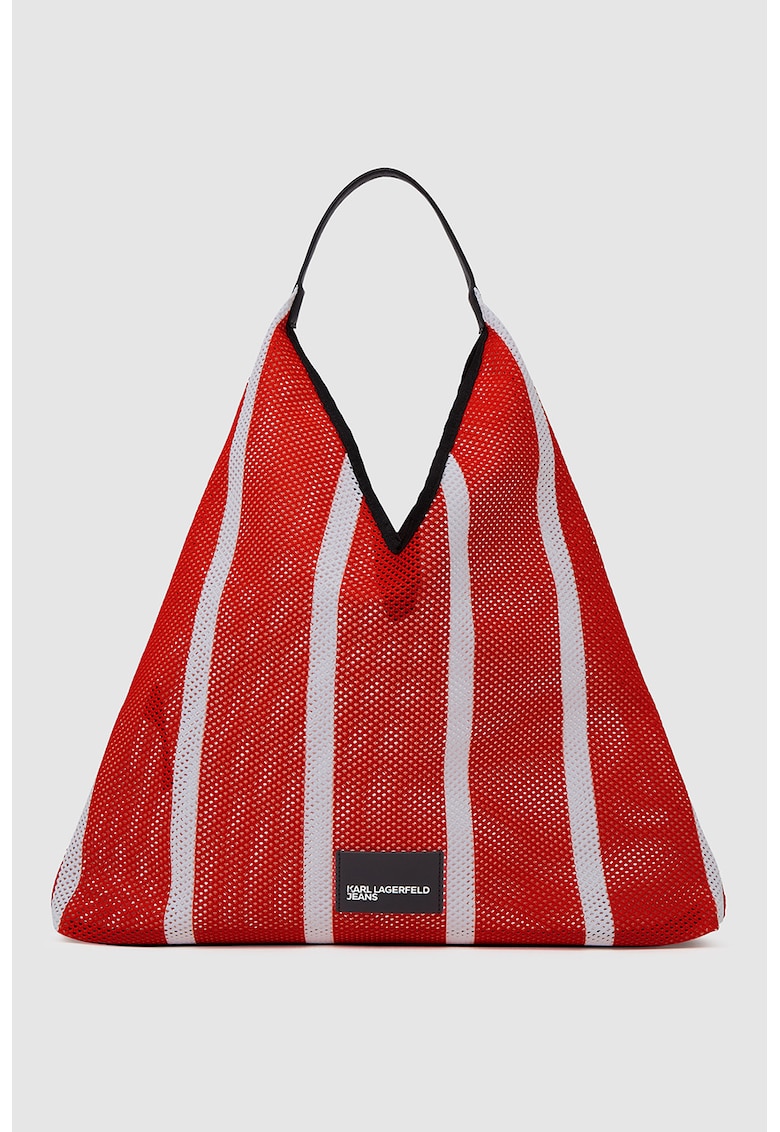 Geanta shopper din tricot - Rosu vermillion/Alb murdar