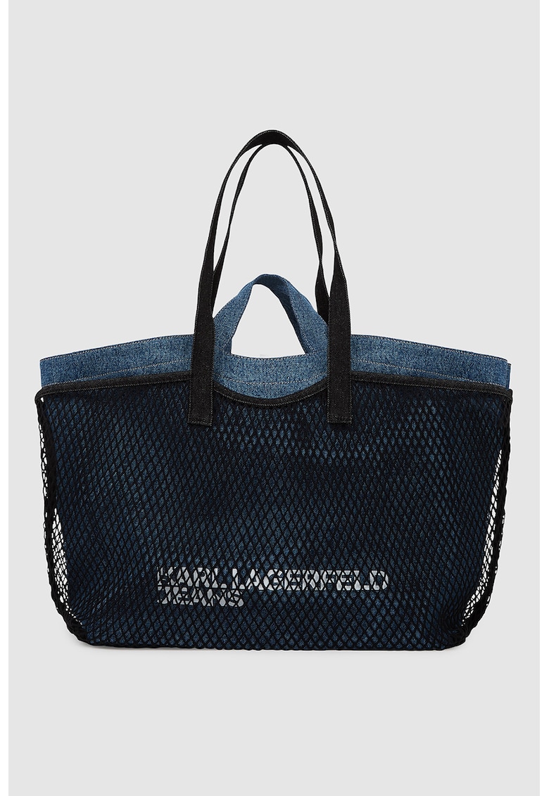 Geanta shopper din denim cu garnituri de plasa - Negru/Albastru inchis