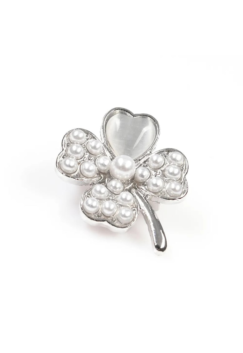 Brosa martisor trifoi argintiu cu perle albe