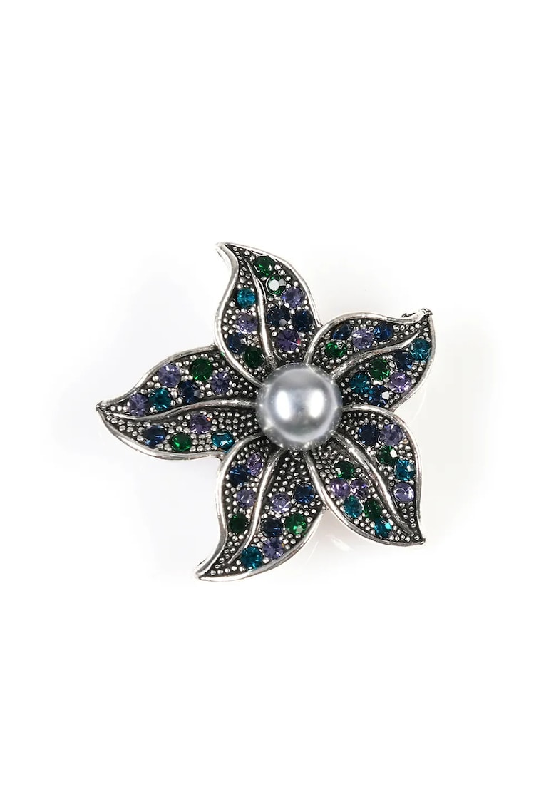 Brosa martisor floare argintie cu pietre colorate si perla