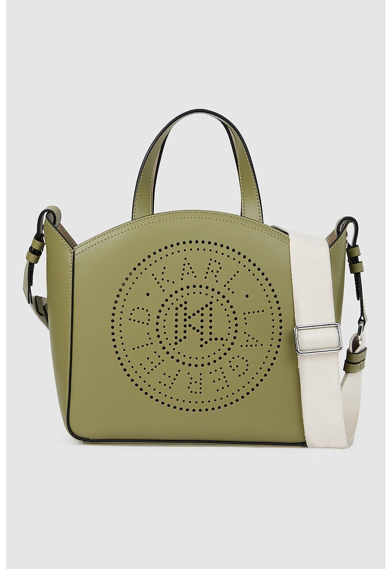 Geanta tote din piele cu bareta de umar si logo cu perforatii - Kaki