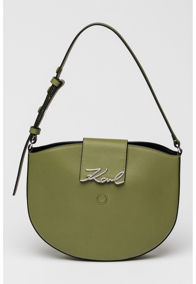 Geanta din piele cu bareta de umar si inchidere cu clapa Signature - Verde fistic