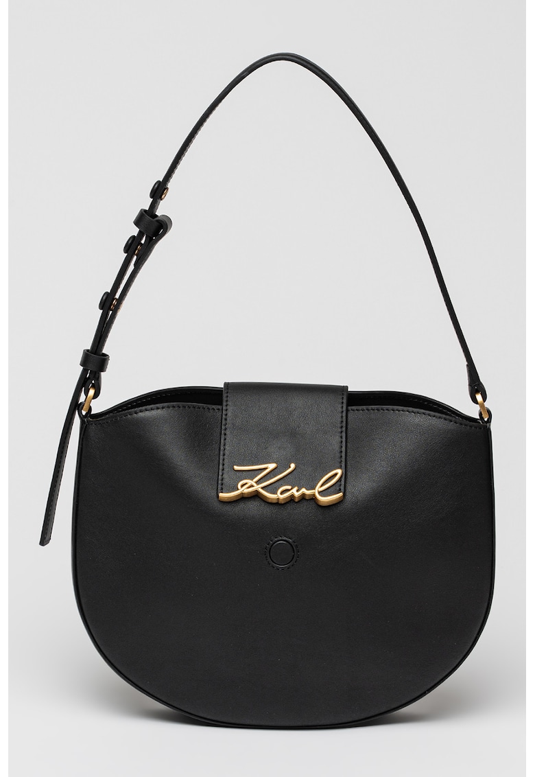 Geanta din piele cu bareta de umar si inchidere cu clapa Signature - Negru