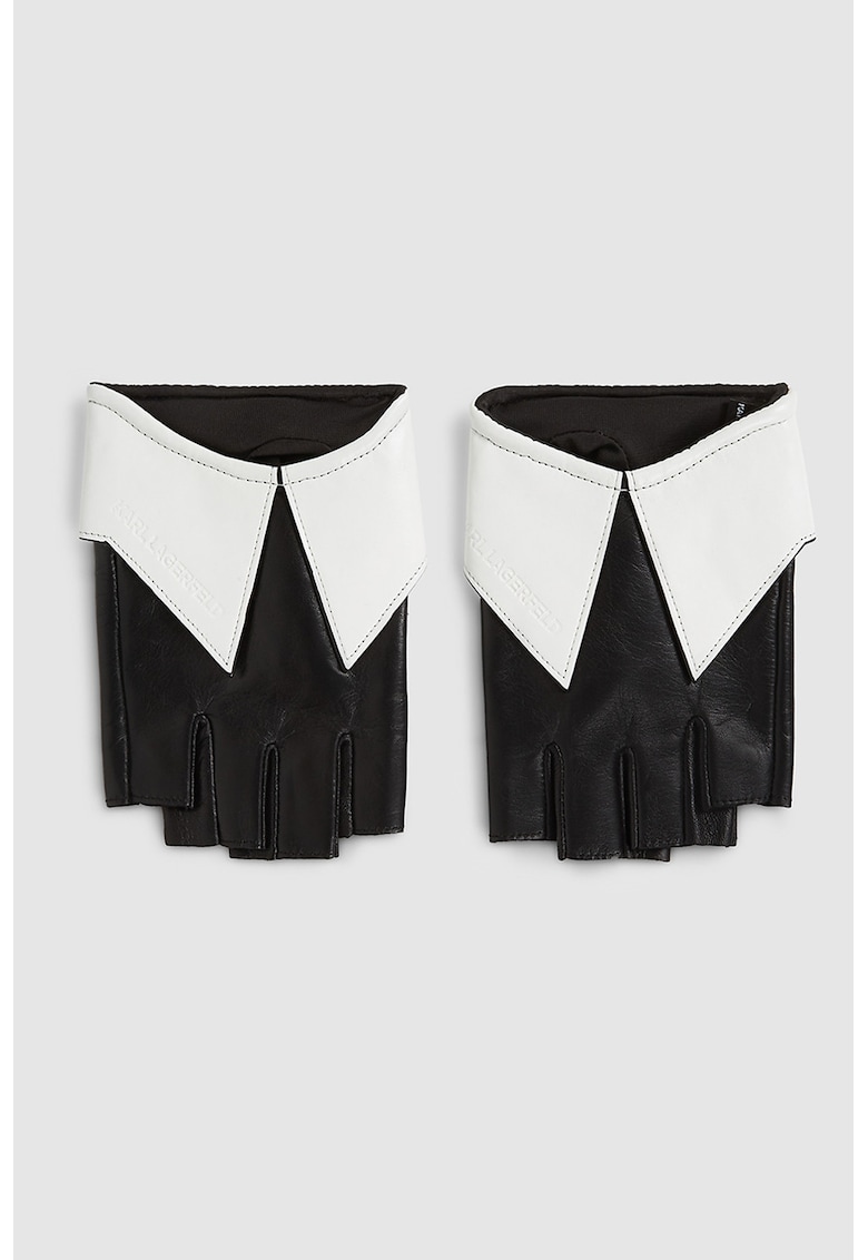 Manusi de piele fara material pe degete - Alb - Negru - Negru stins