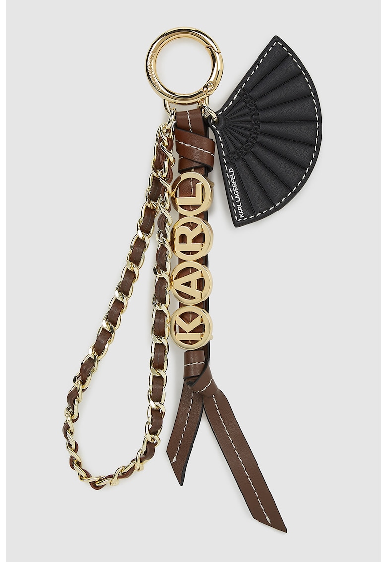 Breloc de piele ecologica cu logo metalic - Auriu/Negru/Maro