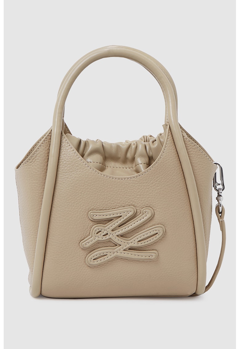 Geanta de piele cu maner si logo - Maro taupe deschis