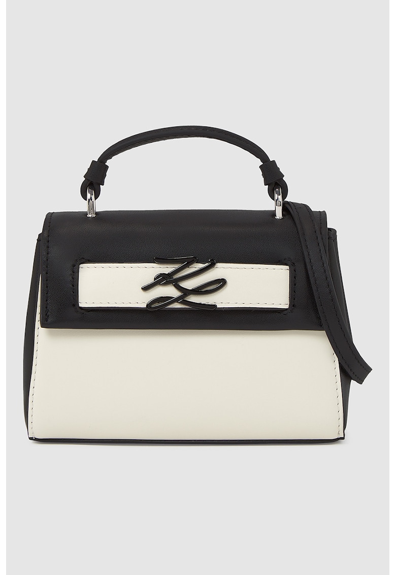 Geanta crossbody de piele cu clapa - Negru/Alb murdar